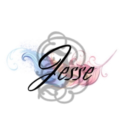 Decorative signature. A pink and blue feather design sits on a pale grey cursive J. On top in black font is the name Jesse