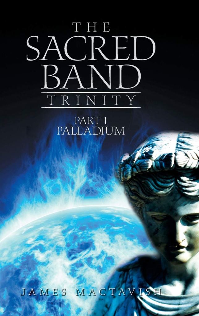 The background is black. The bottom features a fiery blue ball and a statue's face that appears to wear a Roman toga on it's shoulders. The title "Sacred Band Trinity, Part 1: Palladium" is at the top in white.