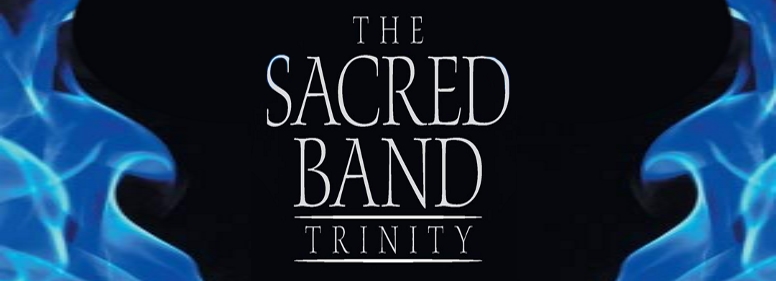 A black background with blue flames along both sides. White font in the middle says "THE SACRED BAND TRINITY"