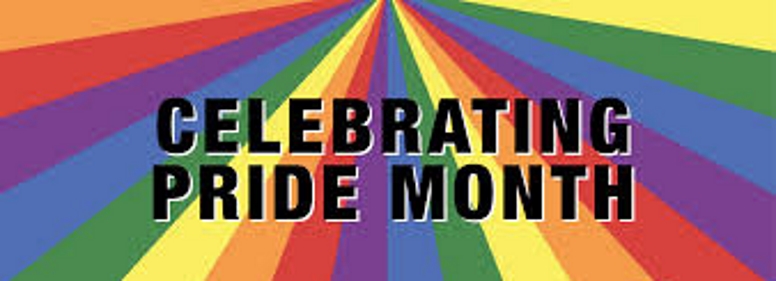 The background is rainbow stripes. In black it says "CELEBRATING PRIDE MONTH"