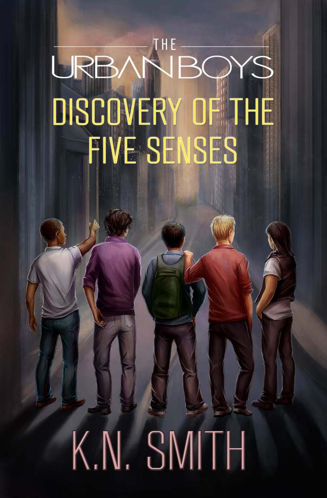 The cover of the book. It features an artist drawn city street. In the middle are five boys looking away from the camera angle. The title is up top while the author name is at the bottom.